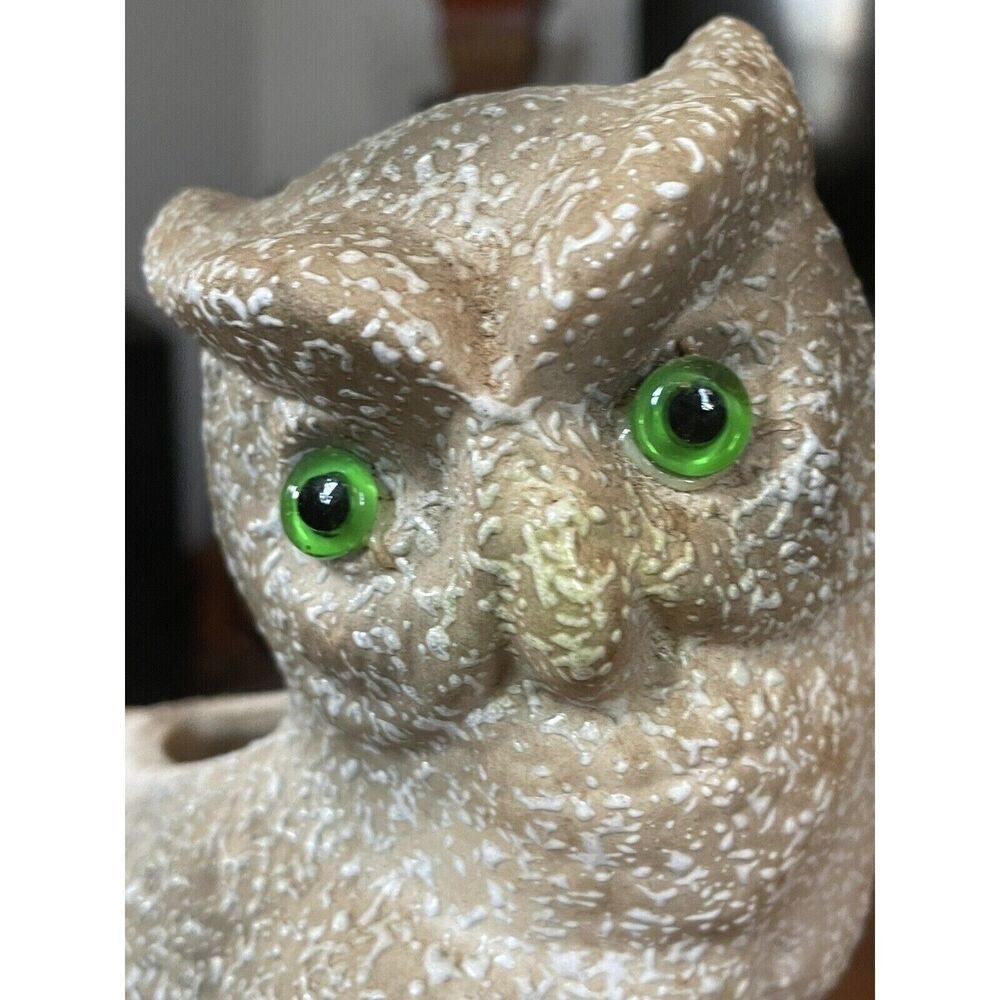 Vintage Owl Plaster Planter Green Glass Eyes Gardening Sculpture